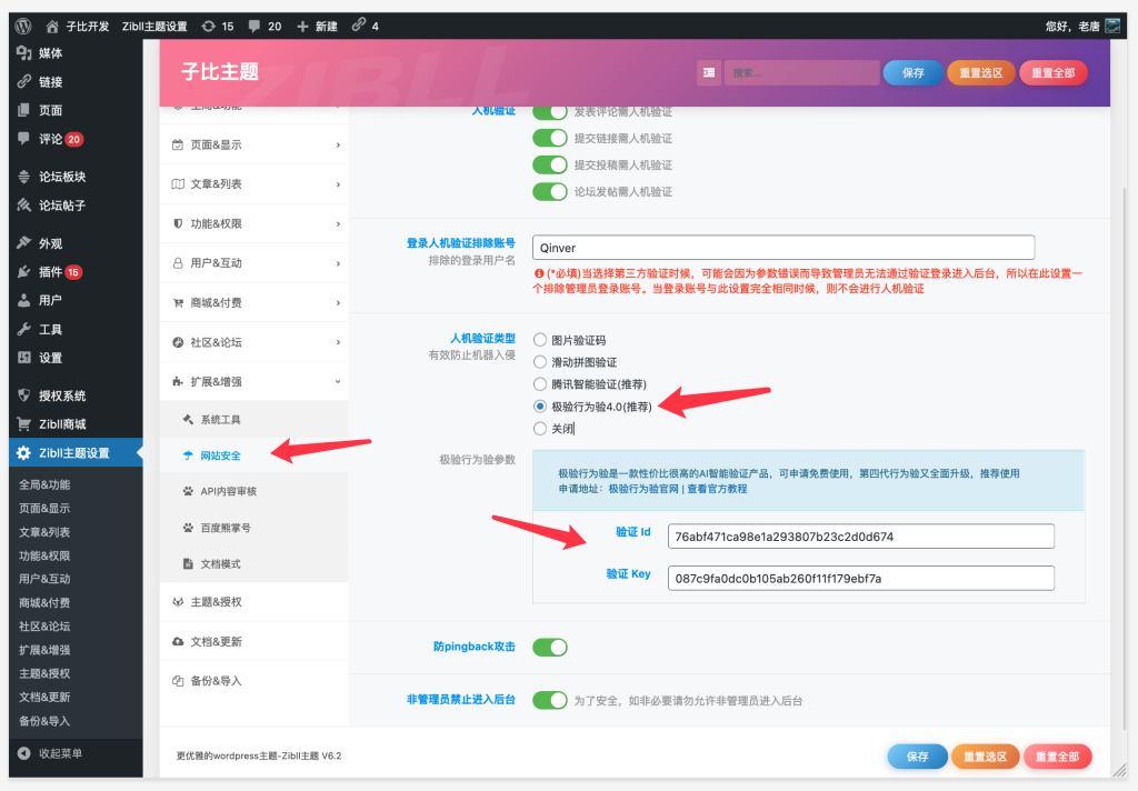 图片[3]-wordpress主题使用极验行为验人机验证防止被盗刷被攻击的详细教程-Wordpress主题模板-zibll子比主题